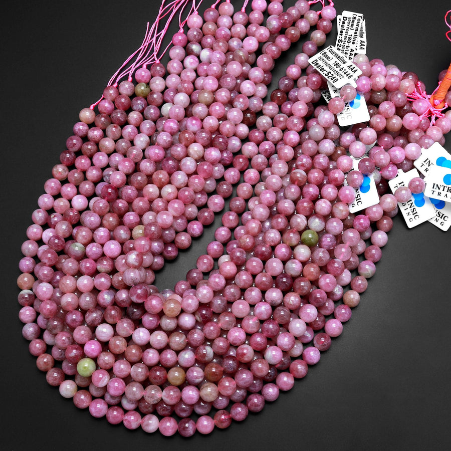 AAA Rare Natural Pink Tourmaline Round Beads 6mm 8mm Vibrant Real Genuine Tourmaline Gemstone 15.5" Strand