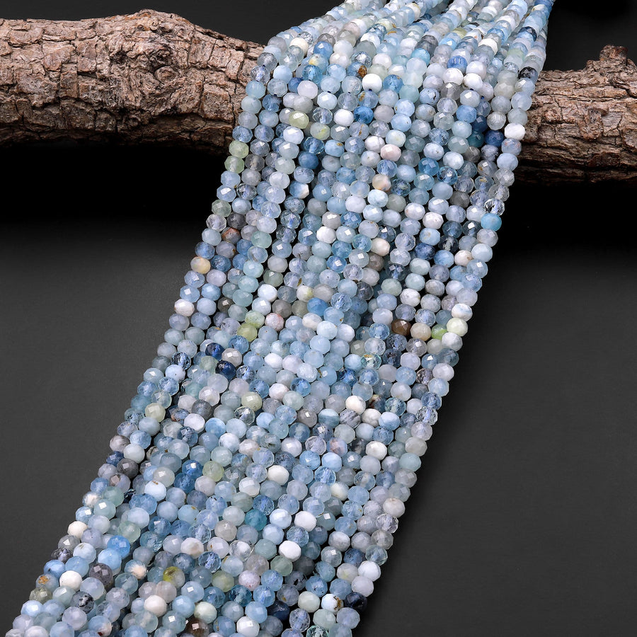 Faceted Natural Aquamarine 5mm 6mm Rondelle Beads Micro Laser Diamond Cut Real Genuine Gemstone 15.5" Strand