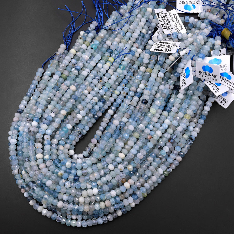 Faceted Natural Aquamarine 5mm 6mm Rondelle Beads Micro Laser Diamond Cut Real Genuine Gemstone 15.5" Strand