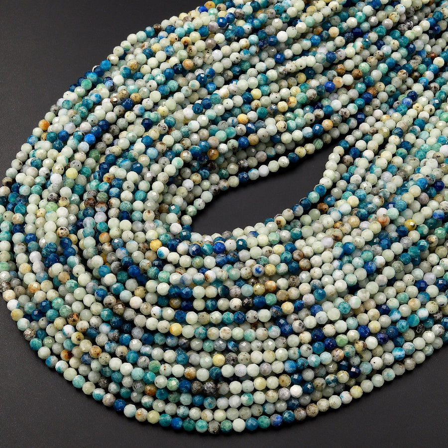 UV Reactive Faceted 3mm Natural Azurite Sodalite in Calcite Round Beads Gemstone 15.5" Strand