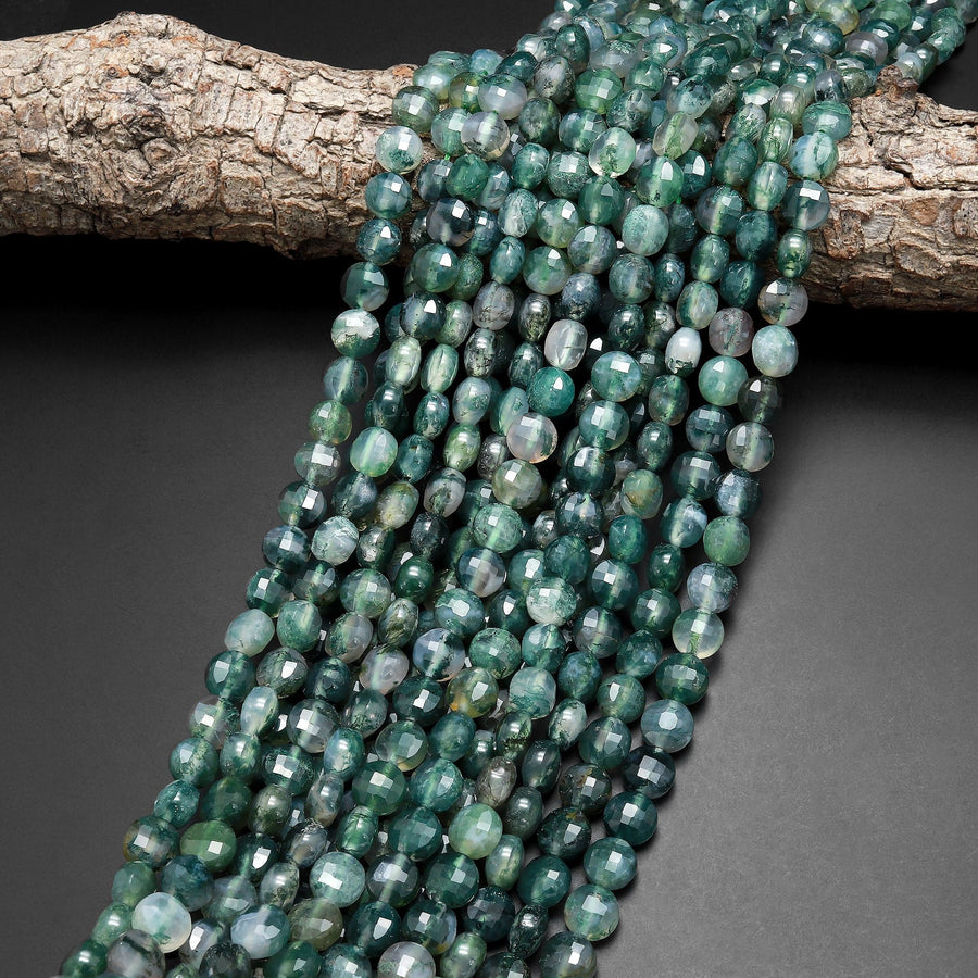 Natural Green Moss Agate 4mm 6mm 8mm Coin Beads Gemstone 15.5" Strand