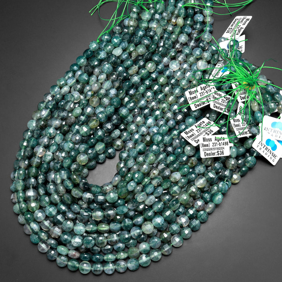 Natural Green Moss Agate 4mm 6mm 8mm Coin Beads Gemstone 15.5" Strand
