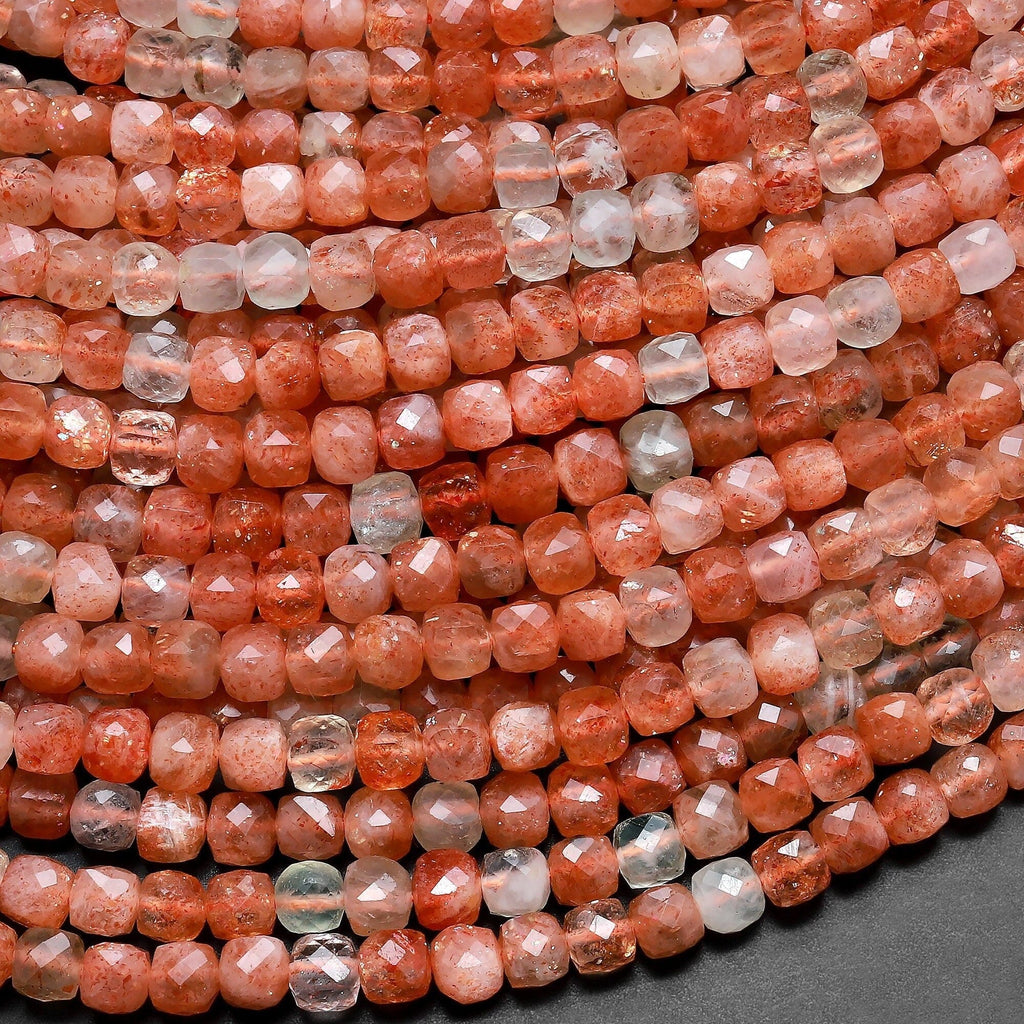 Rare Faceted Natural Arusha Sunstone Cube Beads 4mm Sparkling Micro Diamond Cut Gemstone 15.5" Strand