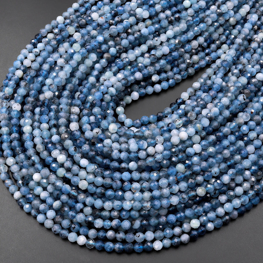 Micro Faceted Natural Stormy Blue Santa Maria Aquamarine 3mm 4mm Round Beads 15.5" Strand