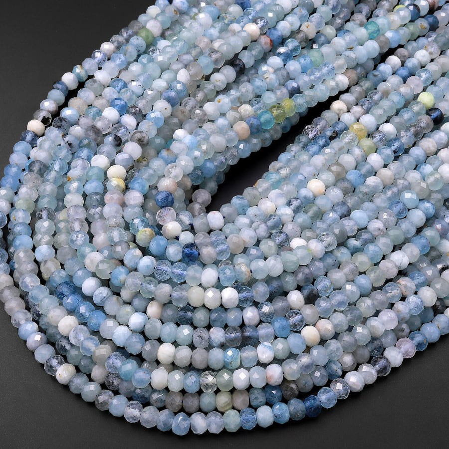 Faceted Natural Aquamarine 5mm 6mm Rondelle Beads Micro Laser Diamond Cut Real Genuine Gemstone 15.5" Strand