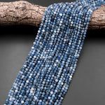 Micro Faceted Natural Stormy Blue Santa Maria Aquamarine 3mm 4mm Round Beads 15.5" Strand