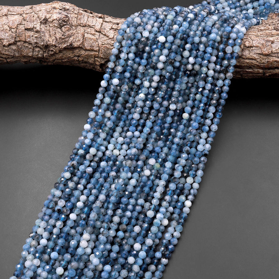 Micro Faceted Natural Stormy Blue Santa Maria Aquamarine 3mm 4mm Round Beads 15.5" Strand
