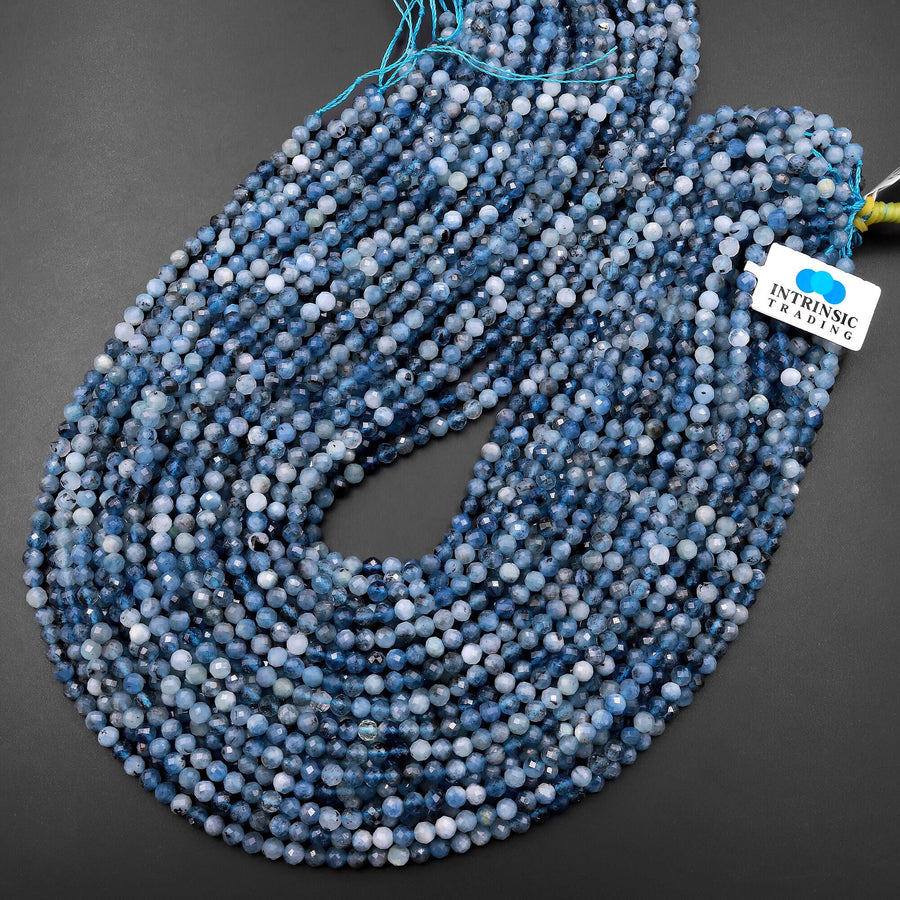 Micro Faceted Natural Stormy Blue Santa Maria Aquamarine 3mm 4mm Round Beads 15.5" Strand