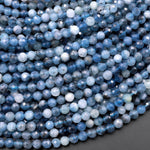 Micro Faceted Natural Stormy Blue Santa Maria Aquamarine 3mm 4mm Round Beads 15.5" Strand