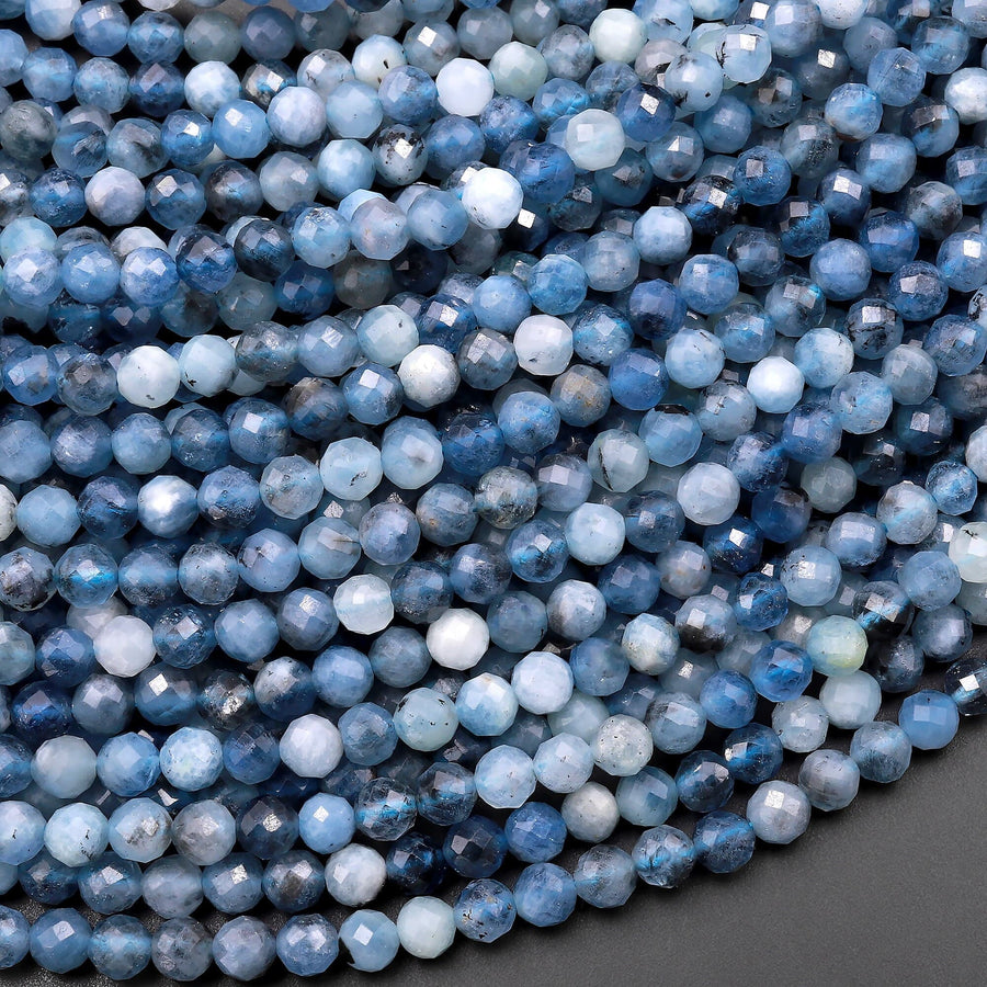 Micro Faceted Natural Stormy Blue Santa Maria Aquamarine 3mm 4mm Round Beads 15.5" Strand
