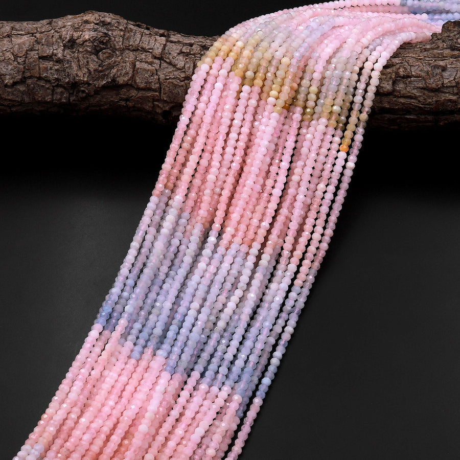 Micro Faceted Natural Multicolor Blue Aquamarine Pink Morganite 4mm Rondelle Beads 15.5" Strand