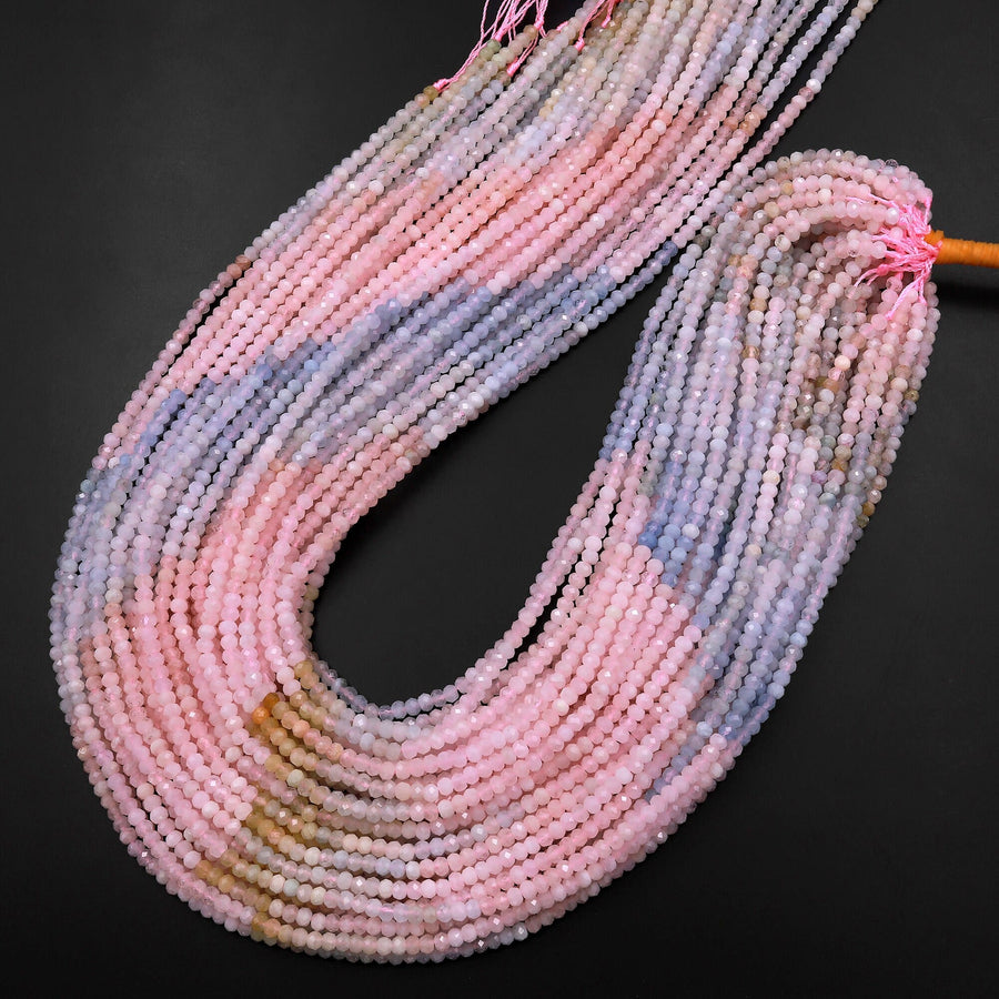 Micro Faceted Natural Multicolor Blue Aquamarine Pink Morganite 4mm Rondelle Beads 15.5" Strand