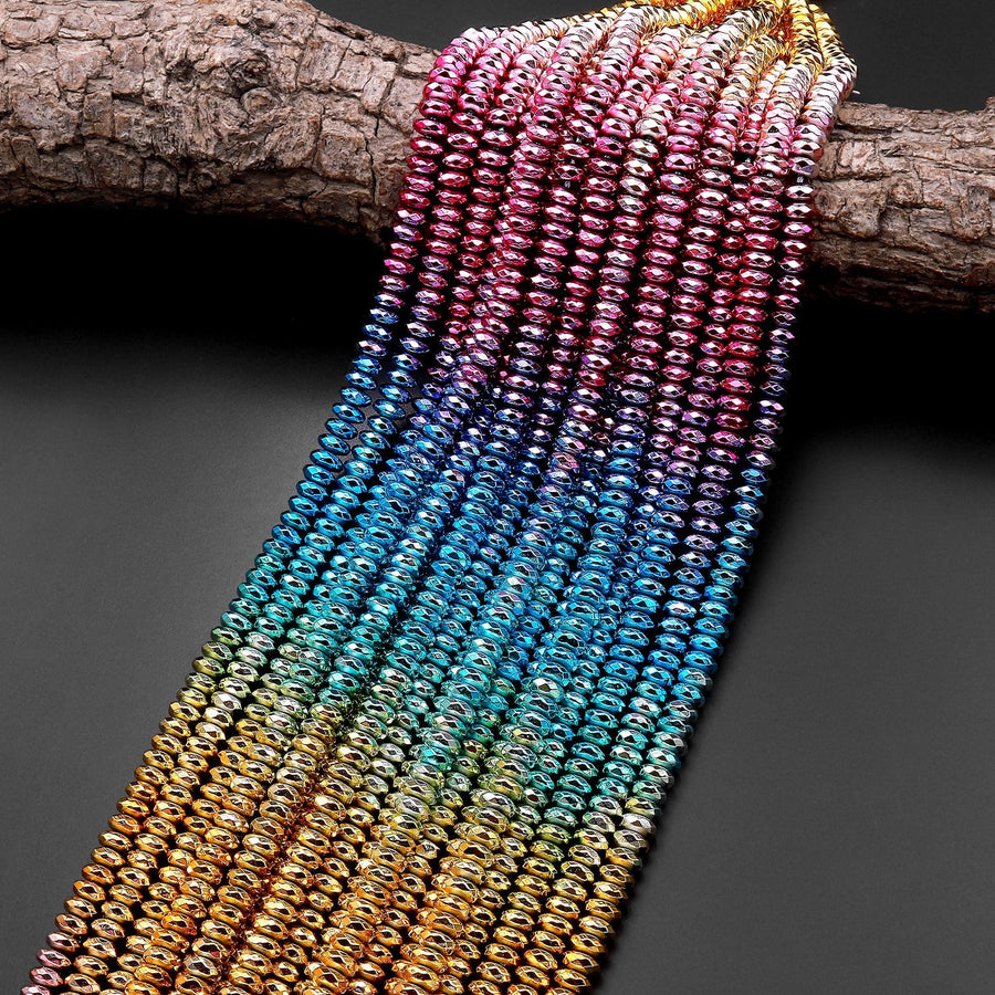 Gradient Rainbow Ombre Fantasy Colors Hematite Faceted Rondelle Beads Metallic Titanium Gold Blue Green Rose Pink 4mm 6mm 8mm 15.5" Strand