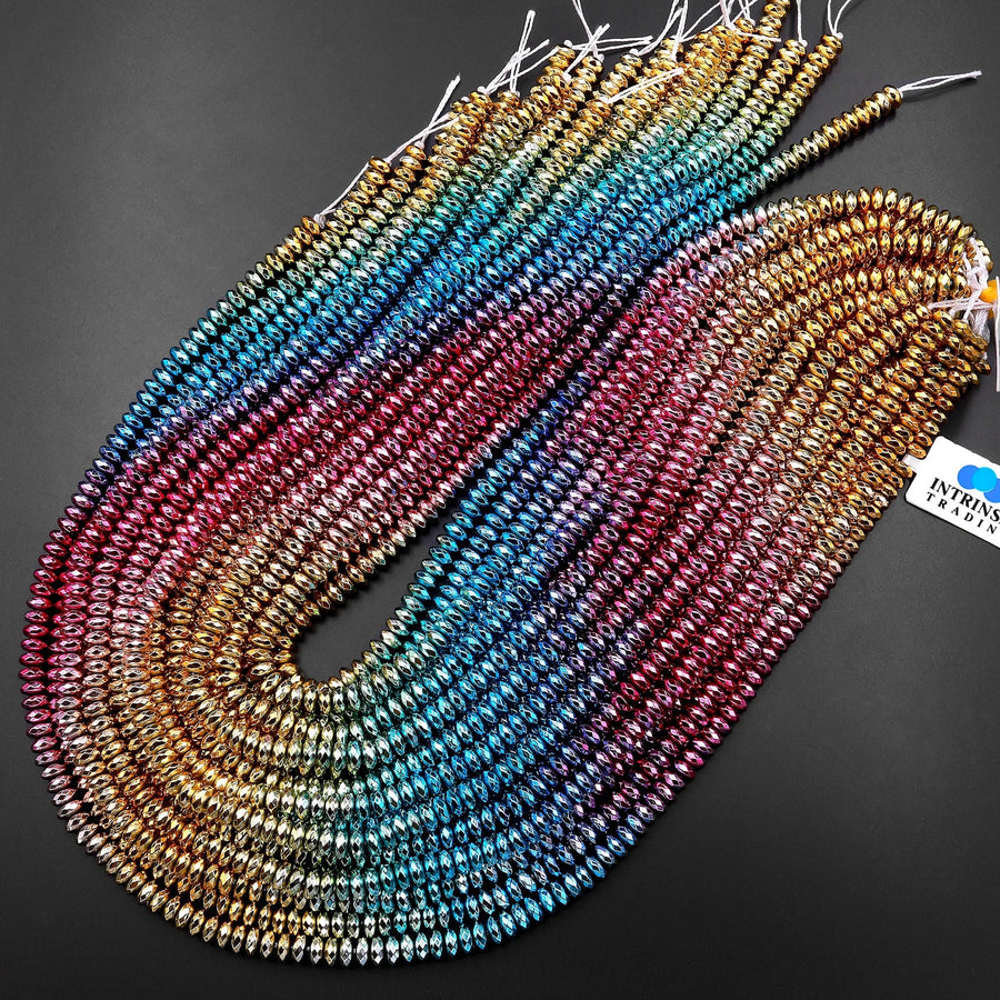 Gradient Rainbow Ombre Fantasy Colors Hematite Faceted Rondelle Beads Metallic Titanium Gold Blue Green Rose Pink 4mm 6mm 8mm 15.5" Strand