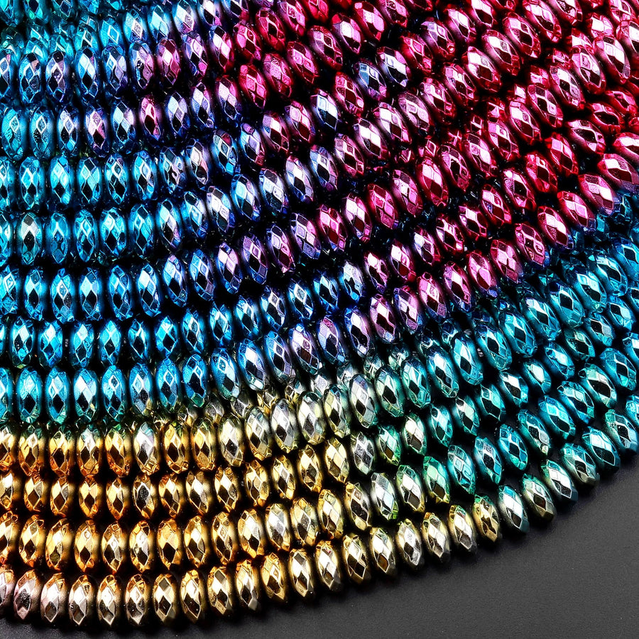 Gradient Rainbow Ombre Fantasy Colors Hematite Faceted Rondelle Beads Metallic Titanium Gold Blue Green Rose Pink 4mm 6mm 8mm 15.5" Strand