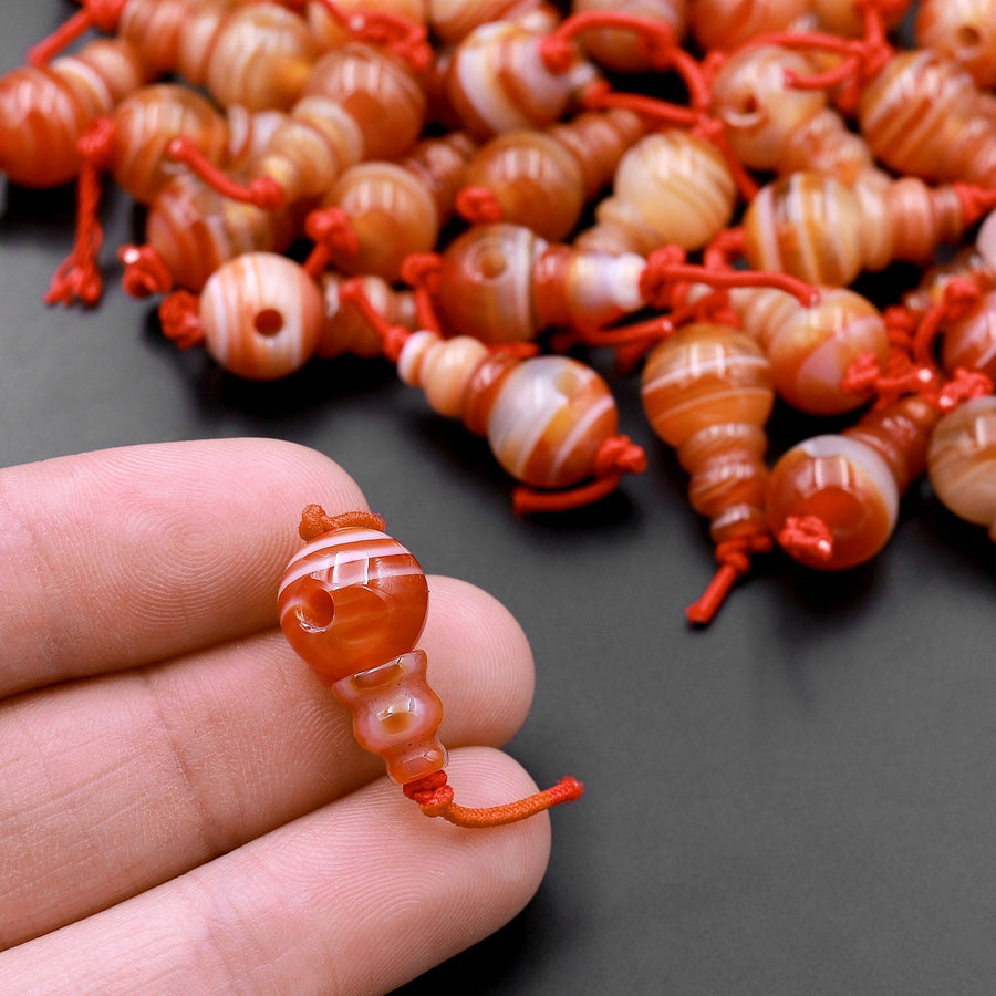 AAA Natural Gemstone Guru Beads Three Holes T-Beads Mala Making 3 Holes Prayer Beads Cones 10mm Banded Orange Agate