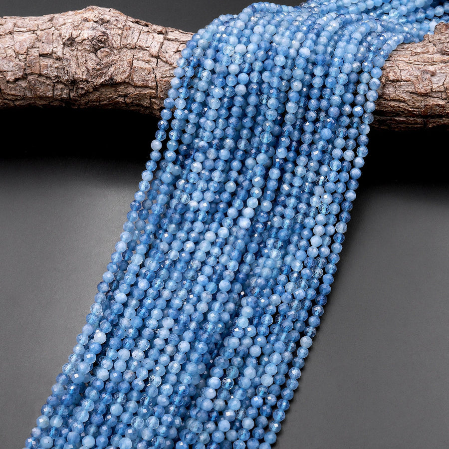 AAA Micro Faceted Natural Blue Santa Maria Aquamarine 3mm 4mm 5mm Round Beads 15.5" Strand
