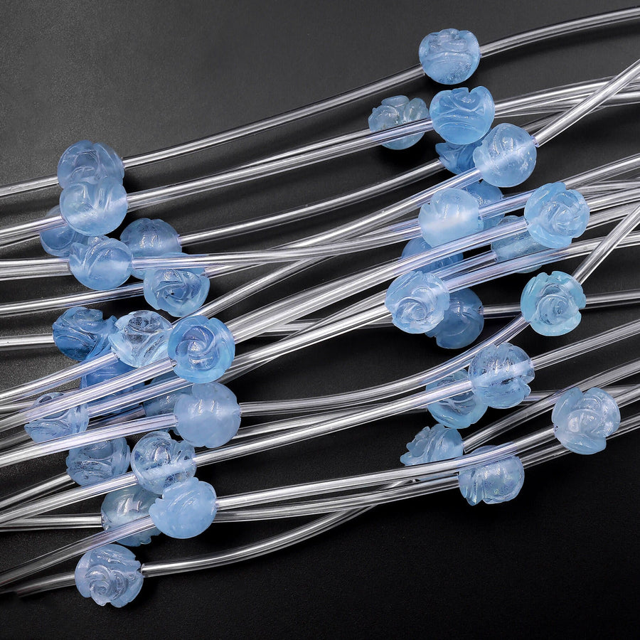 AAA Natural Blue Aquamarine Hand Carved Rose Flower Gemstone Beads 8mm