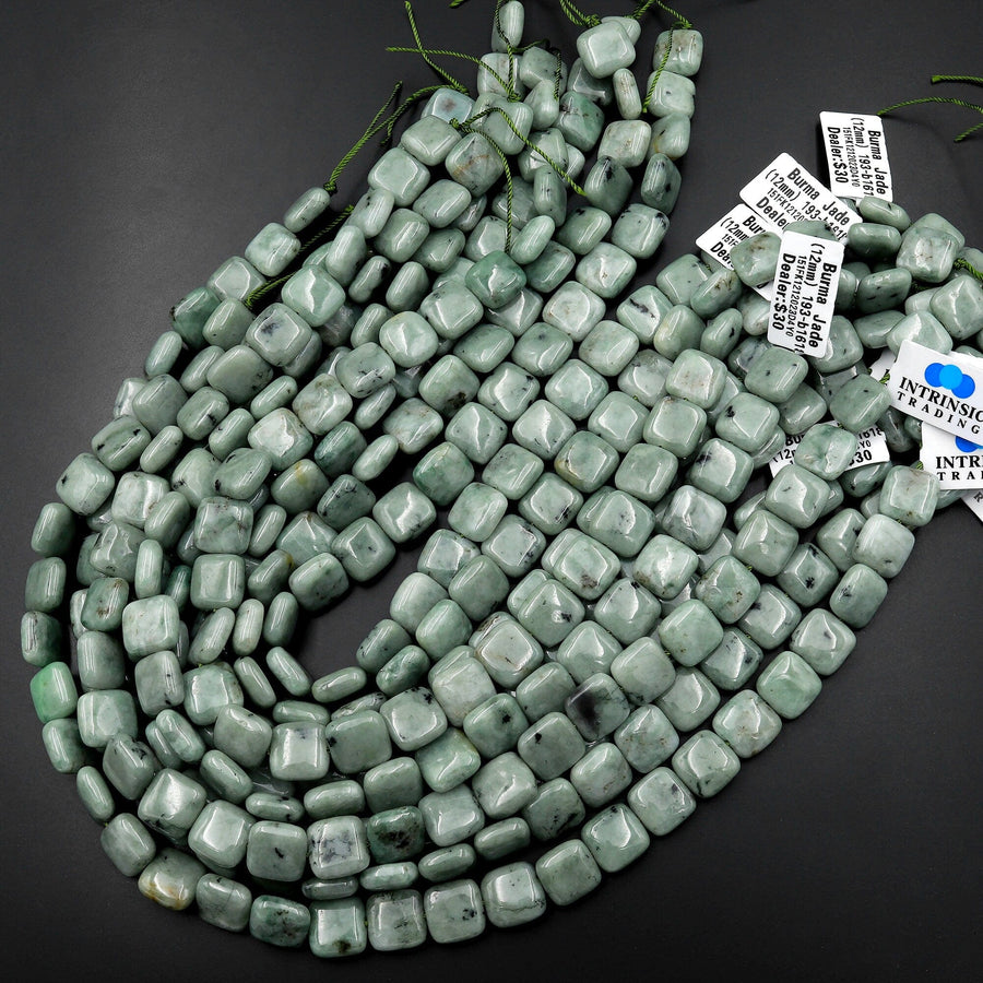 Natural Burmese Jade Square Beads 8mm 10mm 12mm Gemstone 15.5" Strand