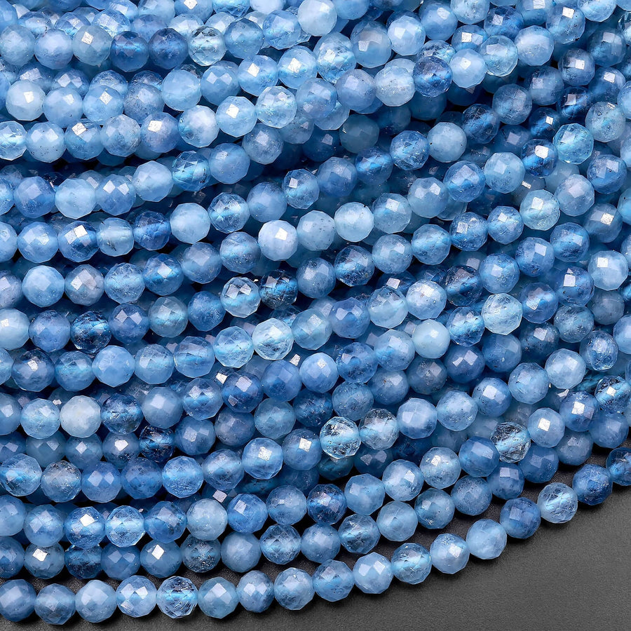 AAA Micro Faceted Natural Blue Santa Maria Aquamarine 3mm 4mm 5mm Round Beads 15.5" Strand