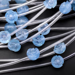 AAA Natural Blue Aquamarine Hand Carved Rose Flower Gemstone Beads 8mm