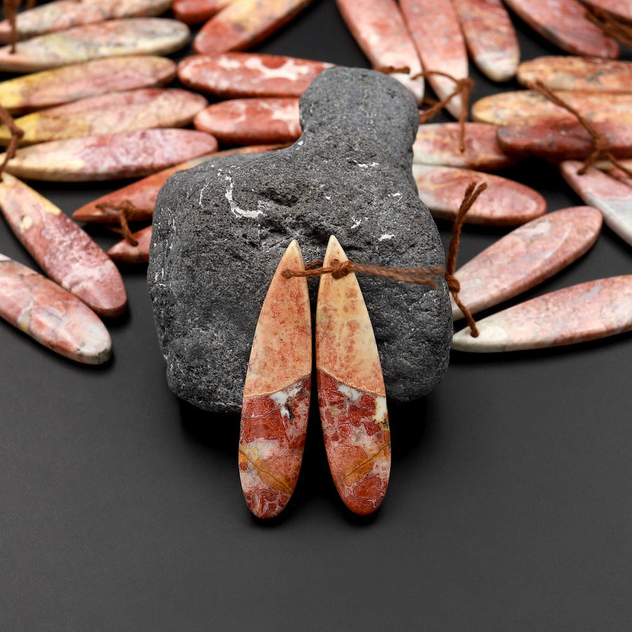 Natural Red Galaxy Jasper Earring Pair Teardrop Cabochon Pair Drilled Matched Gemstone Beads