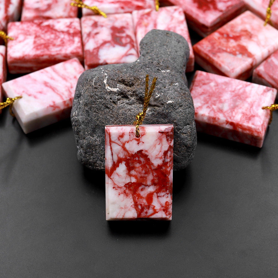 Rare Natural Cinnabrite Cinnabar in Quartz Pendant Mahjong Style Faceted Edges Side Drilled Rectangle Healing Gemstone