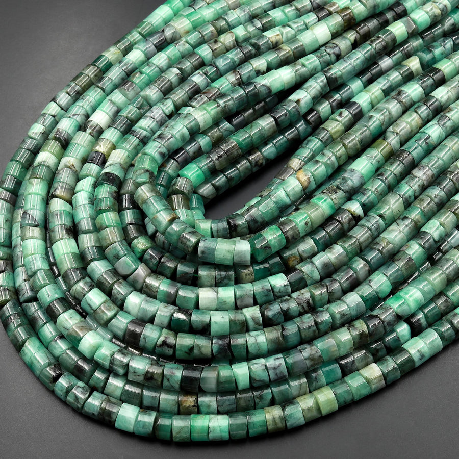 Real Genuine 100% Natural Green Emerald 6mm 8mm Smooth Heishi Beads Gemstone May Birthstone 15.5" Strand