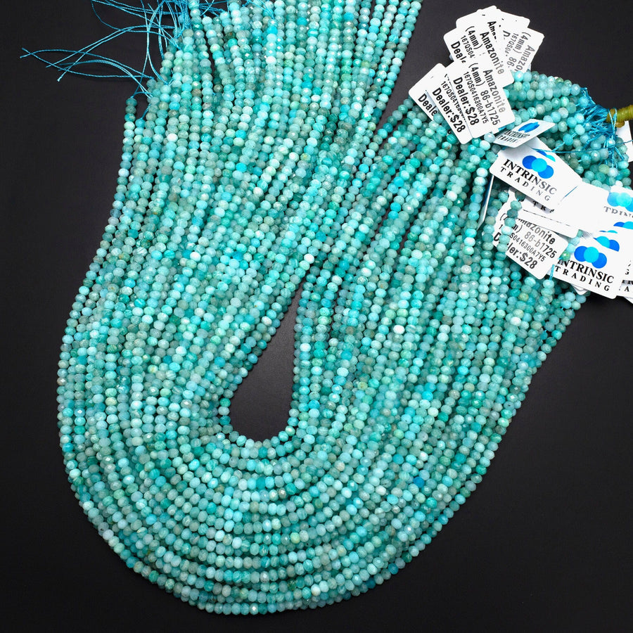 Natural Peruvian Amazonite 3mm 4mm Faceted Rondelle Beads Micro Diamond Cut Sea Blue Green Gemstone 15.5" Strand