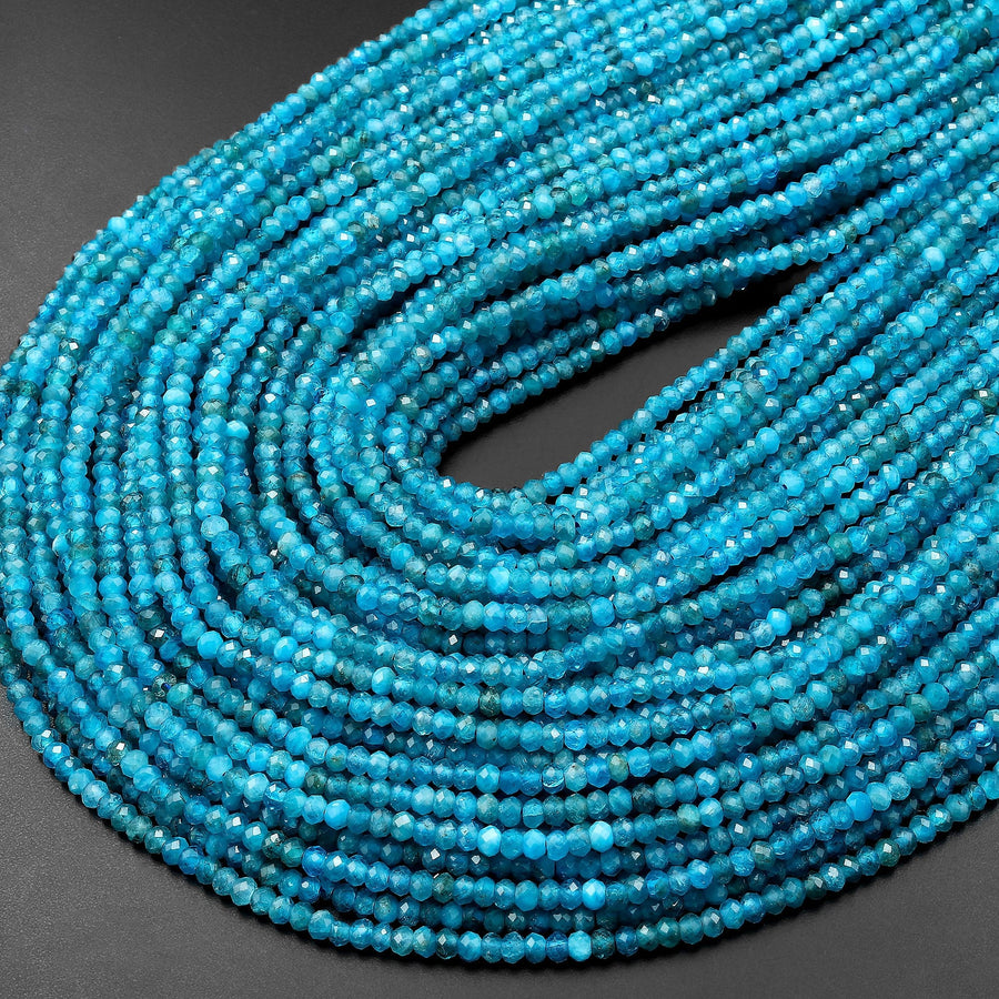 AAA Faceted Natural Blue Apatite 3mm Rondelle Beads Micro Diamond Cut Gemstone 15.5" Strand