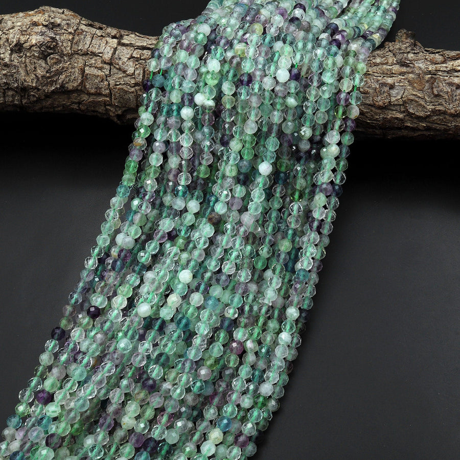 Natural Rainbow Fluorite Faceted 3mm 4mm 5mm Round Beads Micro Faceted Purple Green Gemstone Bead 15.5" Strand