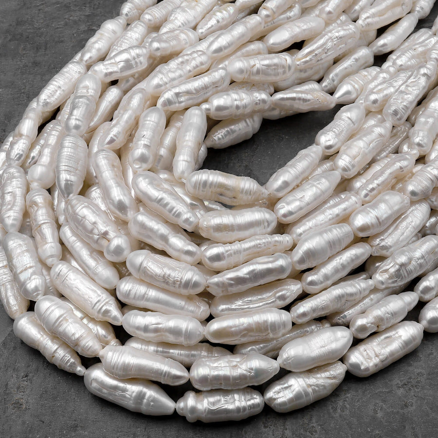 Thick Natural White Biwa Stick Pearl Freshwater 15.5" Strand