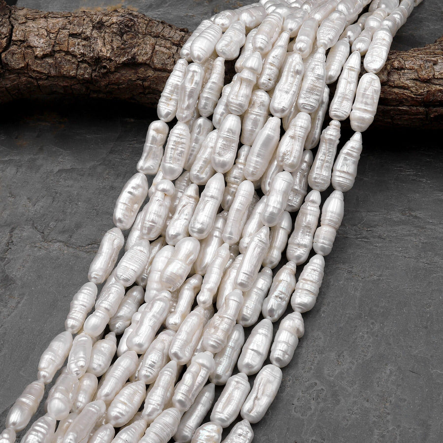 Thick Natural White Biwa Stick Pearl Freshwater 15.5" Strand
