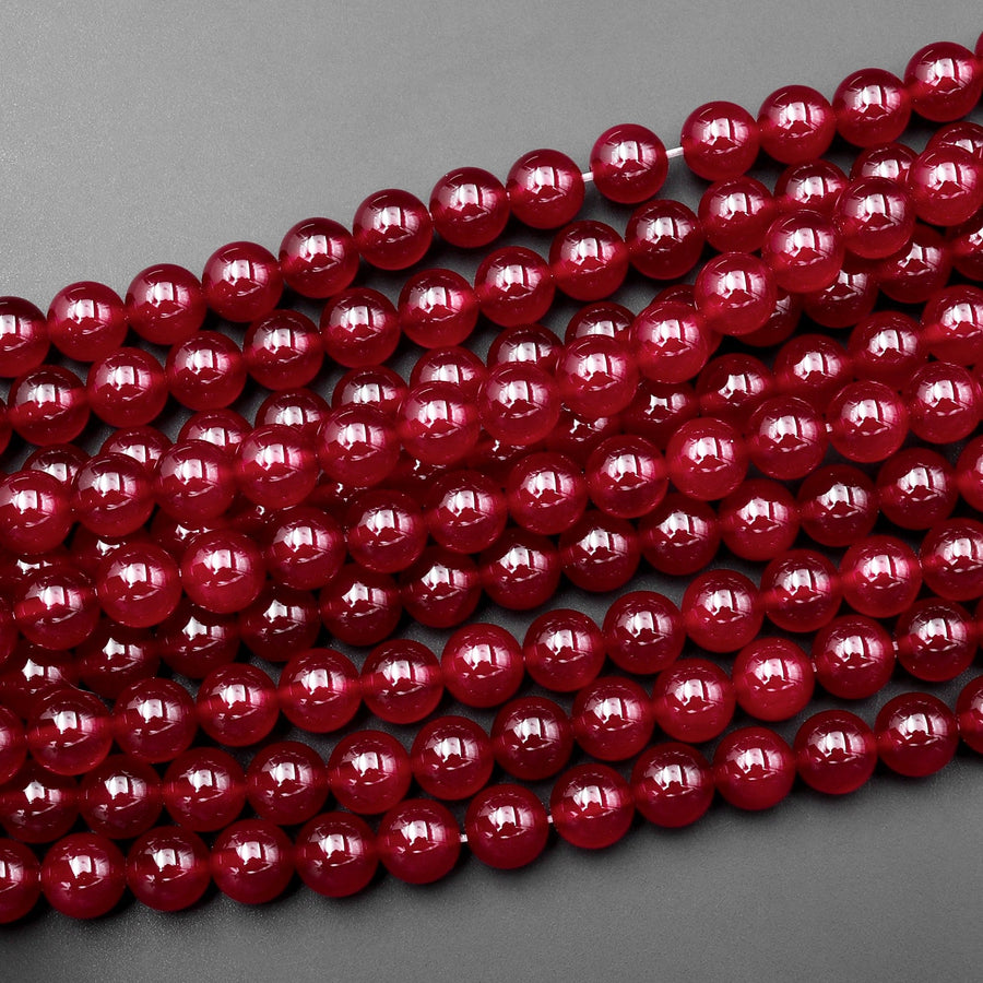 Vibrant Red Jade Smooth Round 4mm 6mm 8mm 10mm 12mm Beads 15.5" Strand