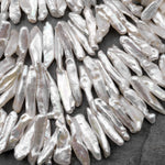 AAA Natural White Biwa Stick Pearl Freshwater Good For Earrings Center Drilled 15.5" Strand