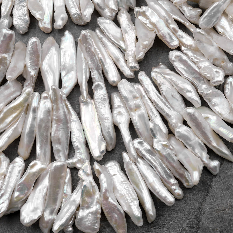 AAA Natural White Biwa Stick Pearl Freshwater Good For Earrings Center Drilled 15.5" Strand