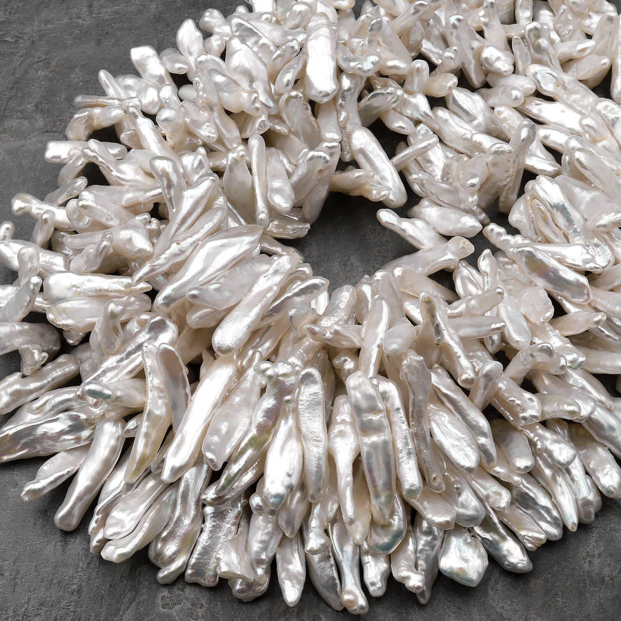 AAA Natural White Biwa Stick Pearl Freshwater Good For Earrings Center Drilled 15.5" Strand