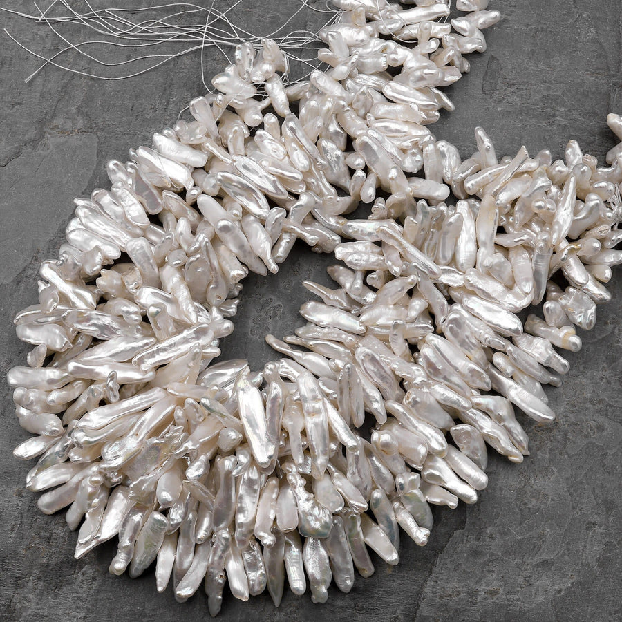 AAA Natural White Biwa Stick Pearl Freshwater Good For Earrings Center Drilled 15.5" Strand