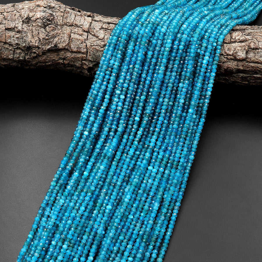 AAA Faceted Natural Blue Apatite 3mm Rondelle Beads Micro Diamond Cut Gemstone 15.5" Strand