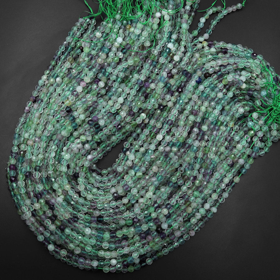 Natural Rainbow Fluorite Faceted 3mm 4mm 5mm Round Beads Micro Faceted Purple Green Gemstone Bead 15.5" Strand