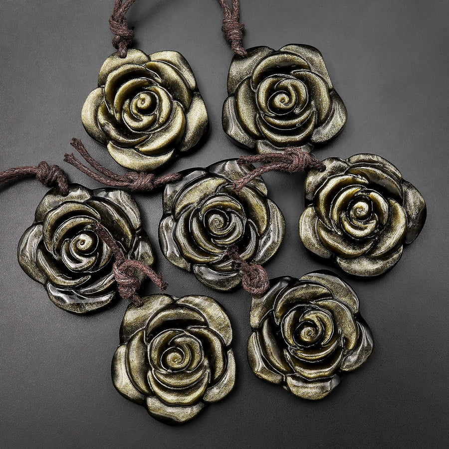 AAA Hand Carved Natural Golden Obsidian Rose Flower Pendant Gemstone Focal Bead