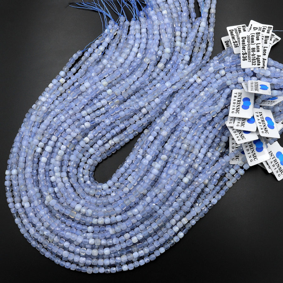 Natural Blue Lace Agate Chalcedony Faceted 3mm 4mm Cube Beads Micro Laser Diamond Cut Gemstone 15.5" Strand