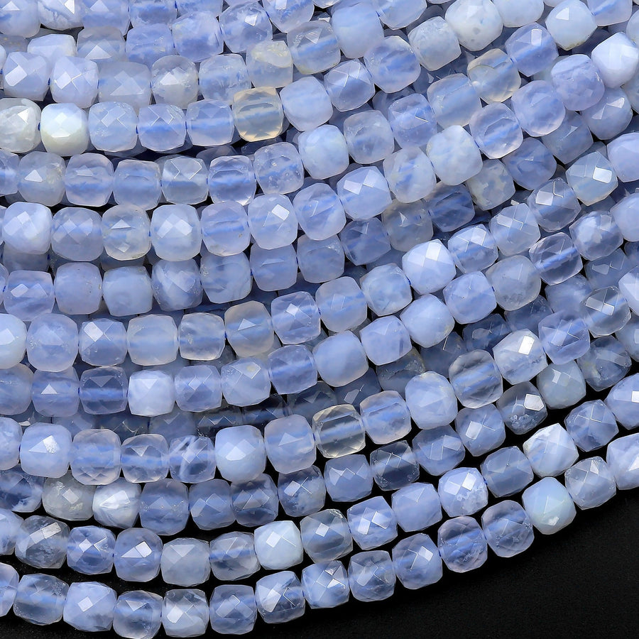 Natural Blue Lace Agate Chalcedony Faceted 3mm 4mm Cube Beads Micro Laser Diamond Cut Gemstone 15.5" Strand