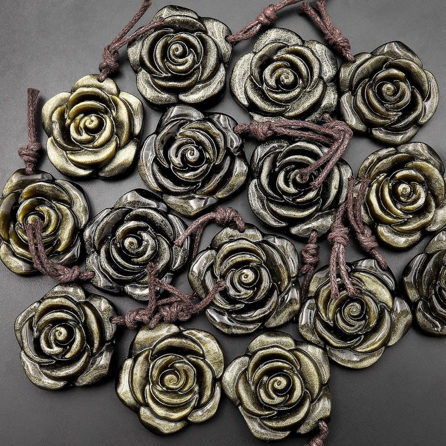 AAA Hand Carved Natural Golden Obsidian Rose Flower Pendant Gemstone Focal Bead
