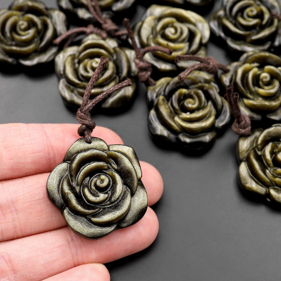 AAA Hand Carved Natural Golden Obsidian Rose Flower Pendant Gemstone Focal Bead