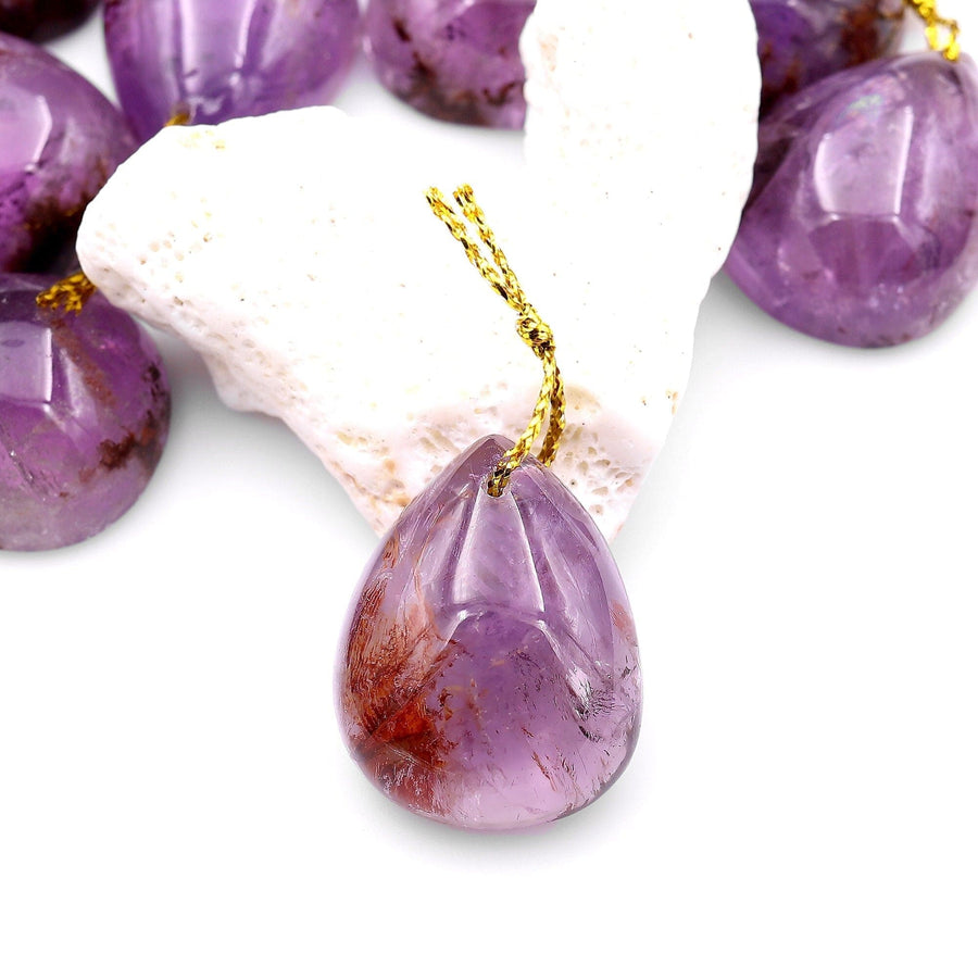 Super 7 Crystal Element Natural Phantom Amethyst Cacoxenite Teardrop Pear Drilled Focal Bead Pendant A1