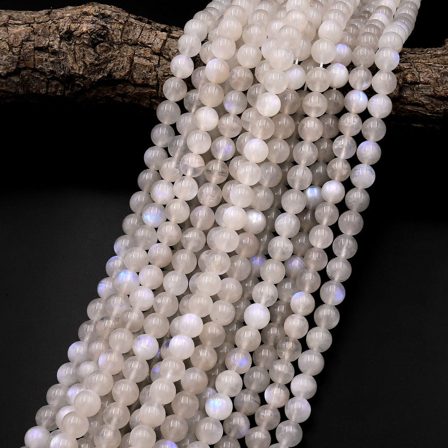 Natural Rainbow Moonstone Round Beads 6mm 8mm 10mm Blue Flashes 15.5" Strand