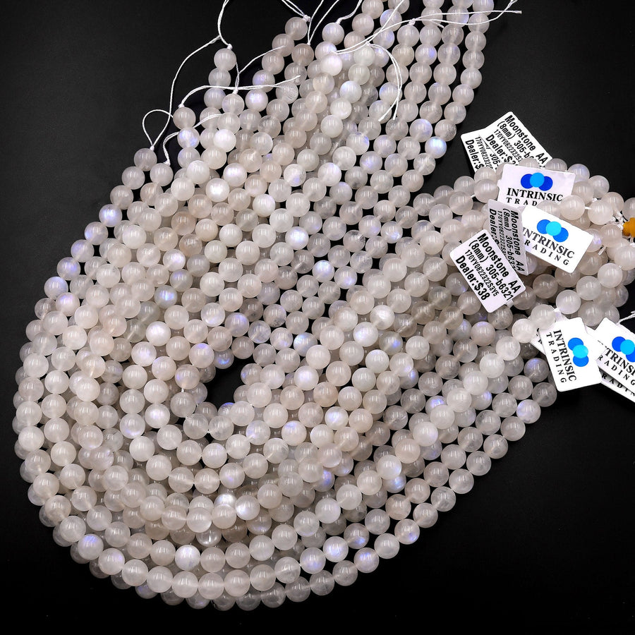 Natural Rainbow Moonstone Round Beads 6mm 8mm 10mm Blue Flashes 15.5" Strand