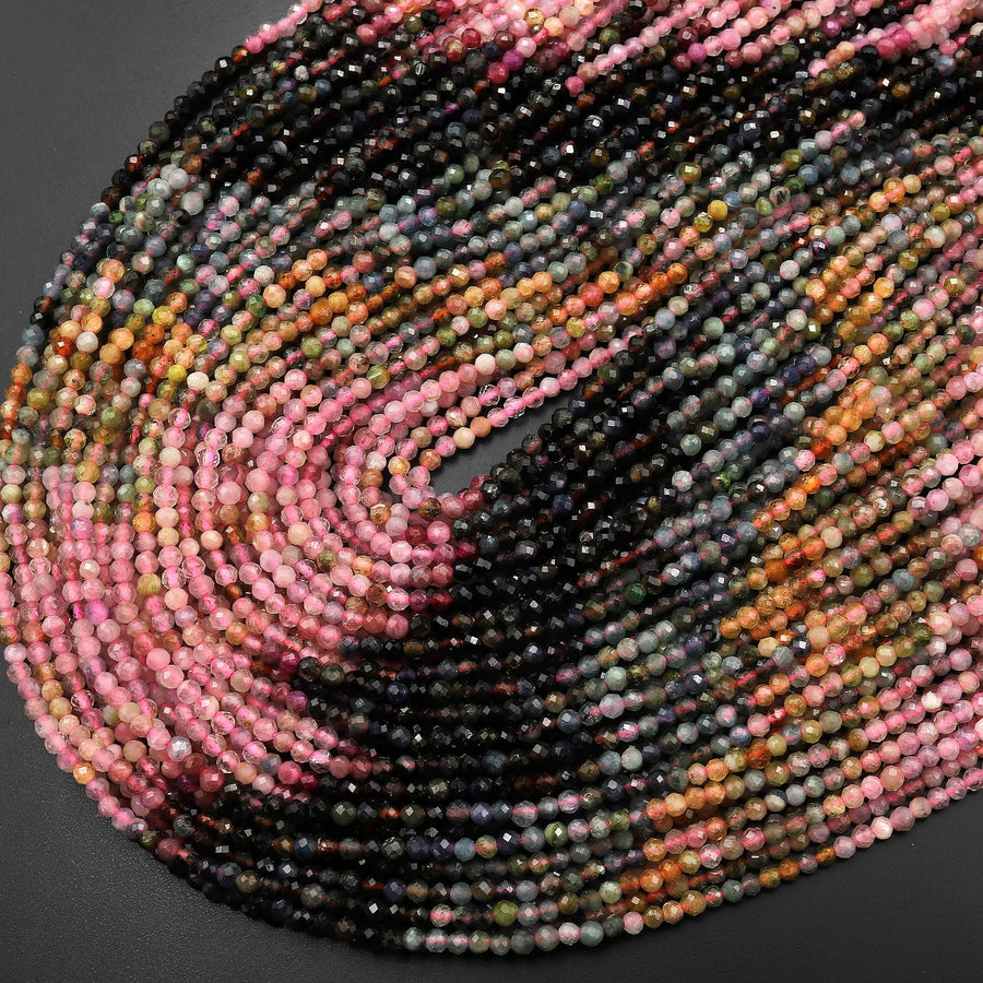 Natural Multicolor Pink Green Blue Yellow Tourmaline Micro Faceted 2mm Round Gemstone Beads 15.5" Strand