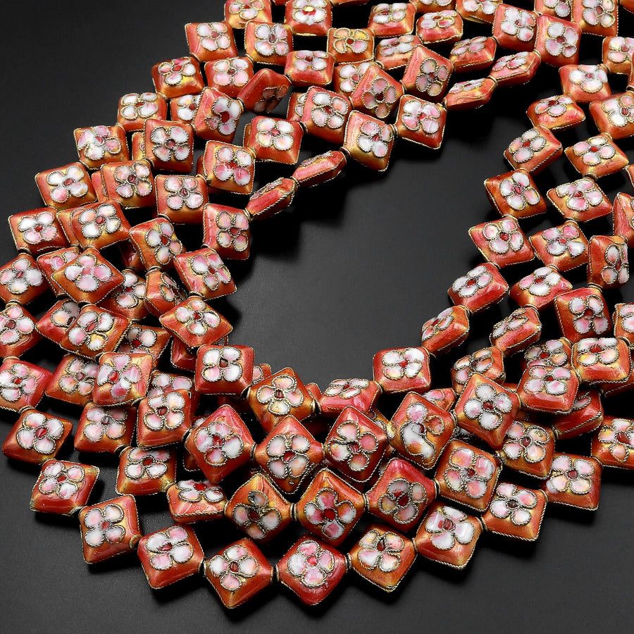 Salmon Peach Cloisonné Diamond Beads 12mm Decorative Floral Copper Enamel 15.5" Strand